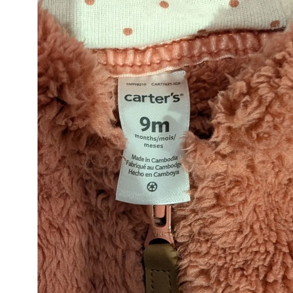 Carters Baby Girls 9m Pink Sherpa Bear Hooded Jacket + Cloud Island Leggings Set